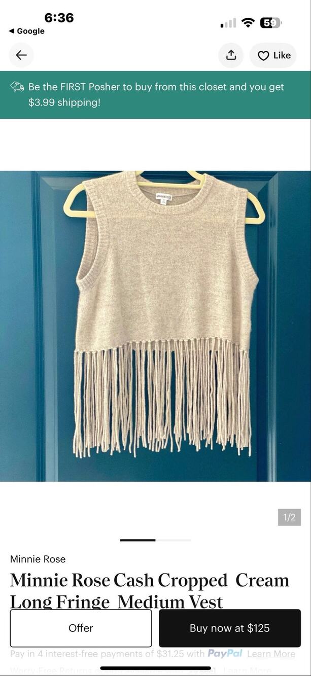 Minnie Rose Cashmere Cropped long Fringe Medium Vest.BNWT -light cream